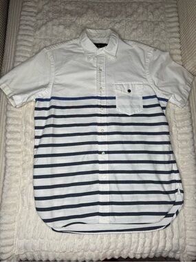 Ralph Lauren White Short-Sleeve Button-Down with Navy Stripes